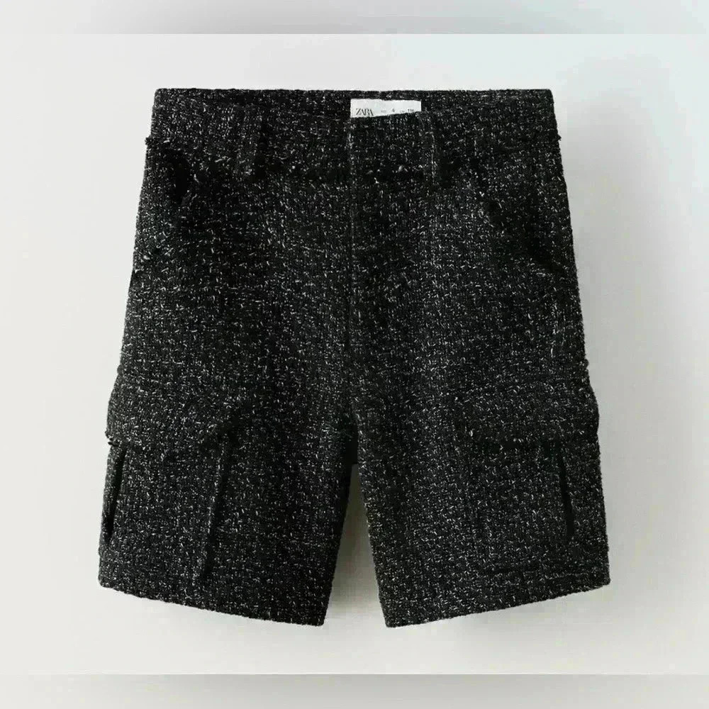 356. New Zara girls patterned weave shorts with pockets tweed sz 6T black/white